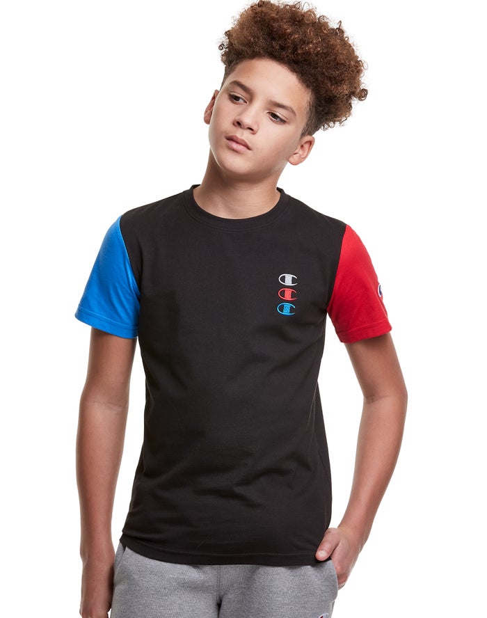 Champion Boys T-Shirt NZ - Triple Stacked Logo Black ( 4270-KABXM )